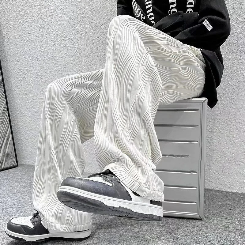 Summer Korean Fashion Simple Ice Silk Wide Leg Pants Men Solid Elastic Waist Pockets Thin High Street Loose Straight Trousers