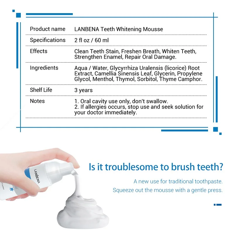 Teeth Whitening Mousse 60ml Remove Yellow Plaque Smoke Stains Oral Hygiene Toothpaste Dental Cleaning Fresh Breath Tool