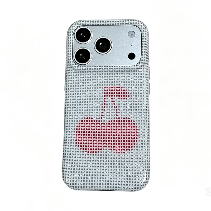 Stylish Rhinestone Cherry Glitter Phone Case - Glossy White & Hot Pink