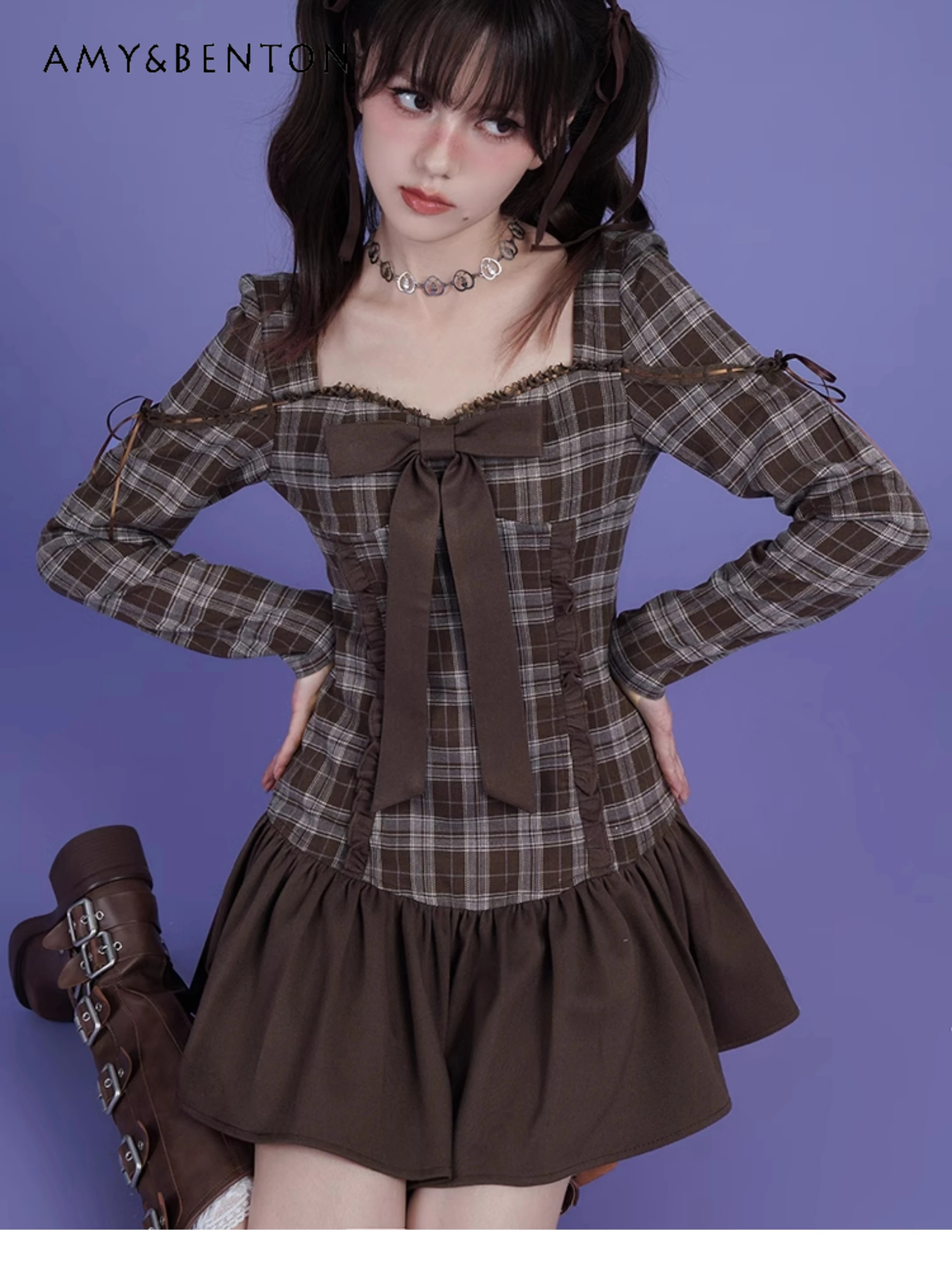 

American Retro Hot Girl Brown Plaid Stitching Bow Dress for Women Preppy Style Sweet Temperament Slim All-Match Goth Mini Dress