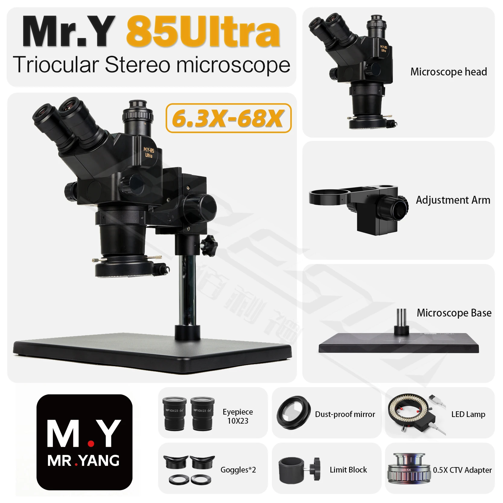 YCS Mr.Y 85Ultra Microscope Continuous Zoom 6.3X-68X 4K Camera Kit for Mobile Phones PCB Electronics Soldering Repair Tools Set
