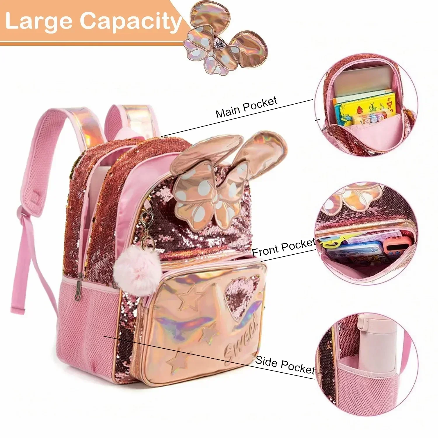 16 Inch Cute Sequin Backpack for Girl Kids School Bag Set with Lunch Box for Elementary Students Primary School 3 in 1 Bookbag 3