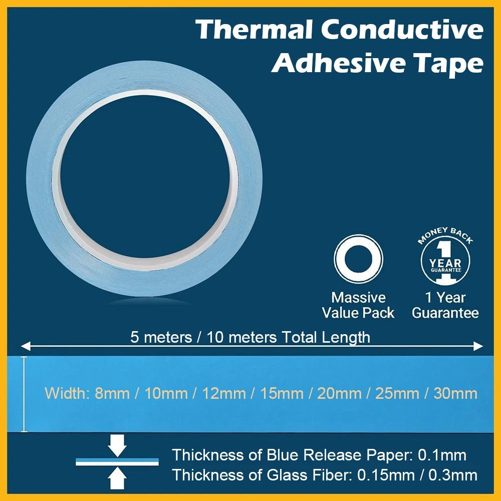 Transfer Tape 10m/Roll 10mm 20mm 30mm Width Double Side Thermal Conductive Adhesive For Chip PCB GPU CPU LED Strip Heatsink