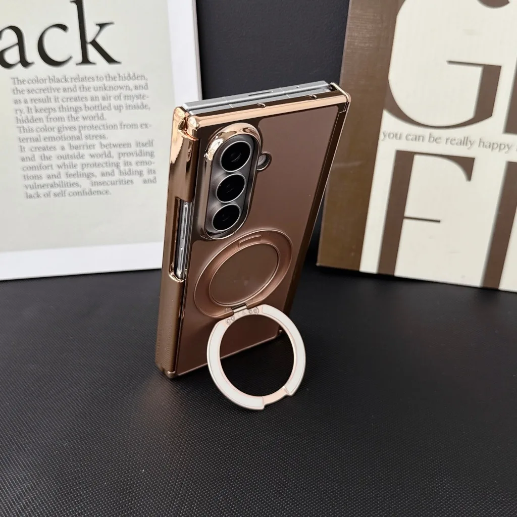 Electroplated TriFold Phone Case with 360° Ring Kickstand and Magnetic Hinge Protection