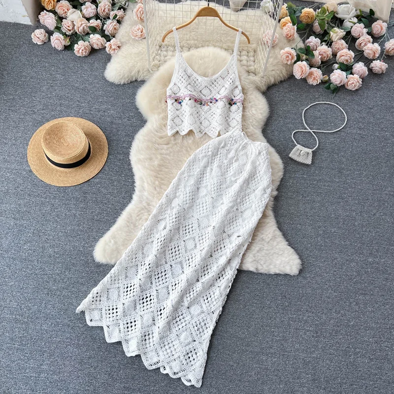 Boring Honey Solid Colors Hollow Out Chic And Elegant Woman Set Round Collar Bead Pendant Edible Tree Fungus Crop Top Long Skirt globauto bead roller round over dies commplete set