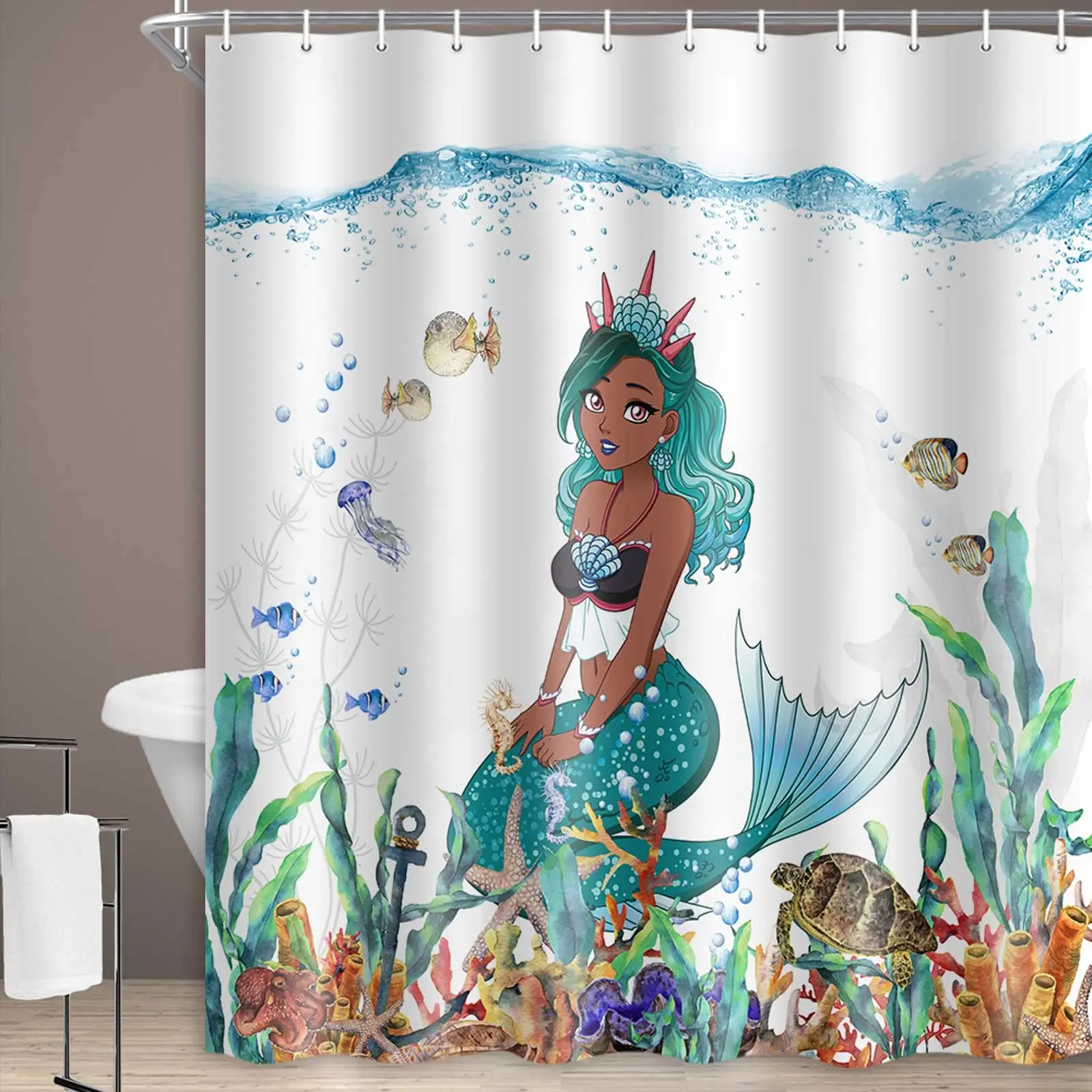 Mermaid Shower Curtain Sea Ocean Shower Curtain with 12 Hooks