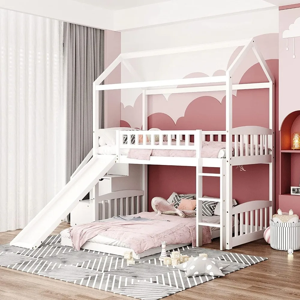 Description Picture 4 of itemTwin Over Twin Toddler House Bunk Bed with Slide and Ladder, Wooden House Bunk Bed Frame with Stairs Drawers for Girls Boys