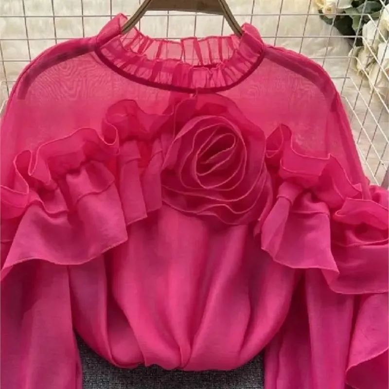 Unique Fairy Lady Super Sweet Short Top Waist-Tight Rose Red Shirt for Women