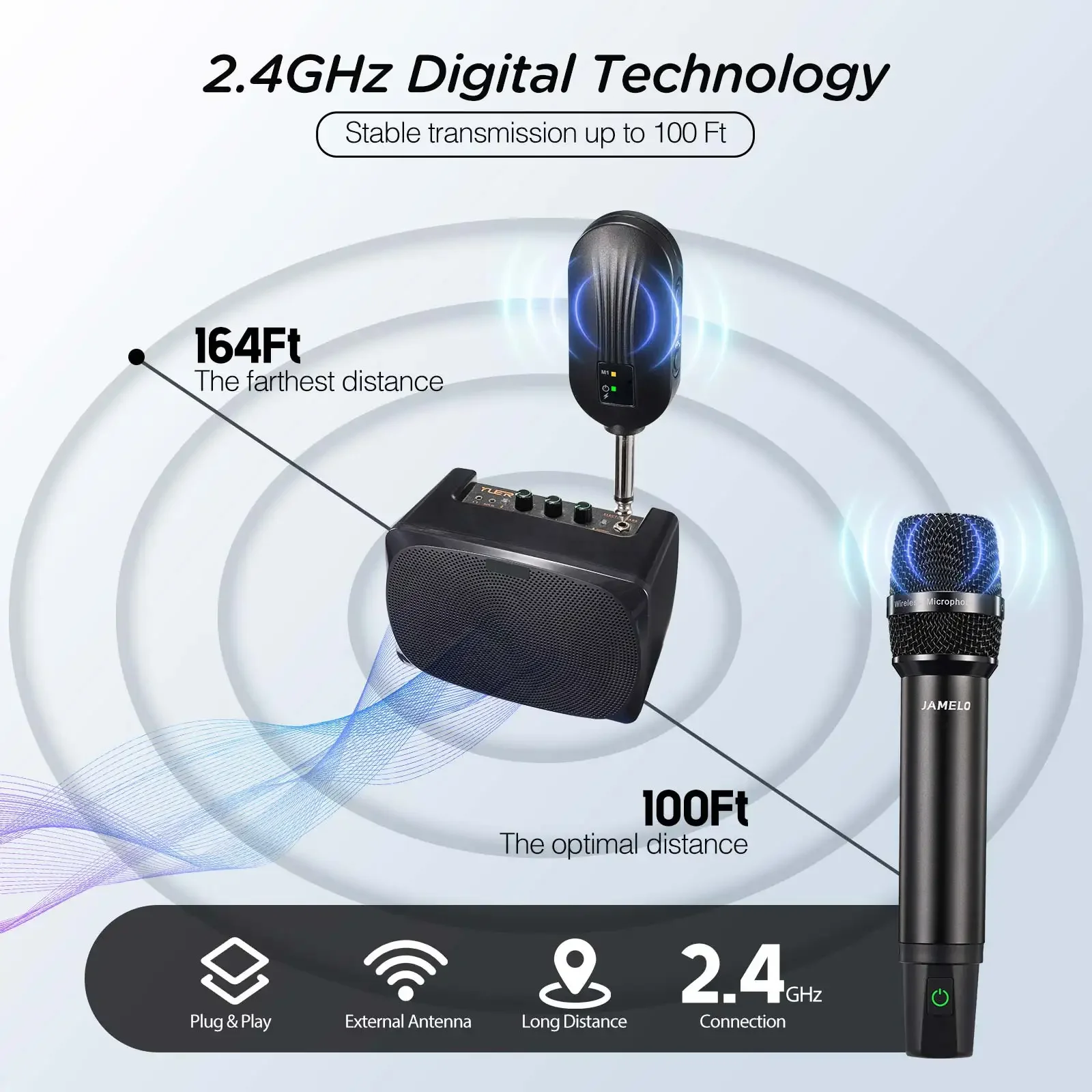 Jamelo Dynamic Mic for Church Singing Wedding Party Dj 2.4 Ghz Dual Metal Handheld Cordless Dynamic Karaoke Microphone