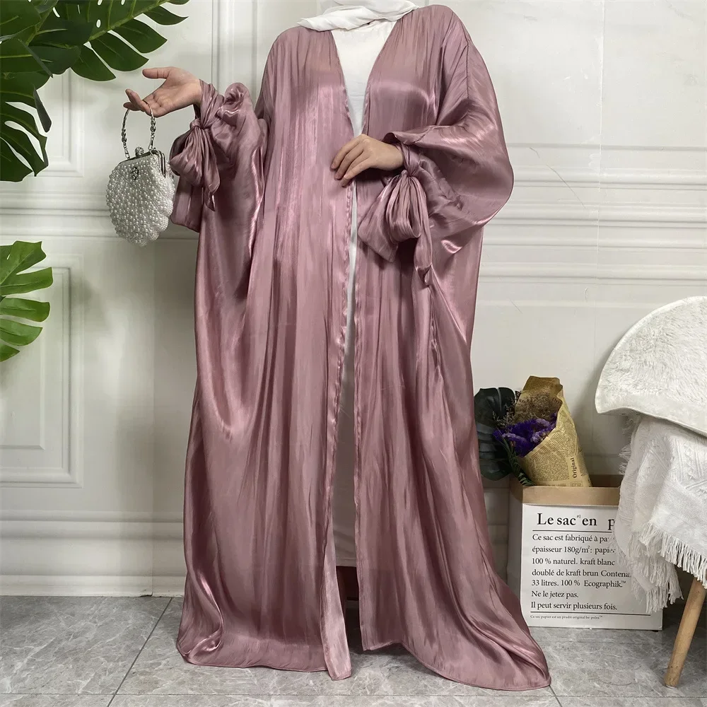 Open Abaya Kimono Islamic Arab Shiny Silk Lace-up Sleeves Cardigan Turkey Muslim Dress Kaftan African Abayas for Women Dubai