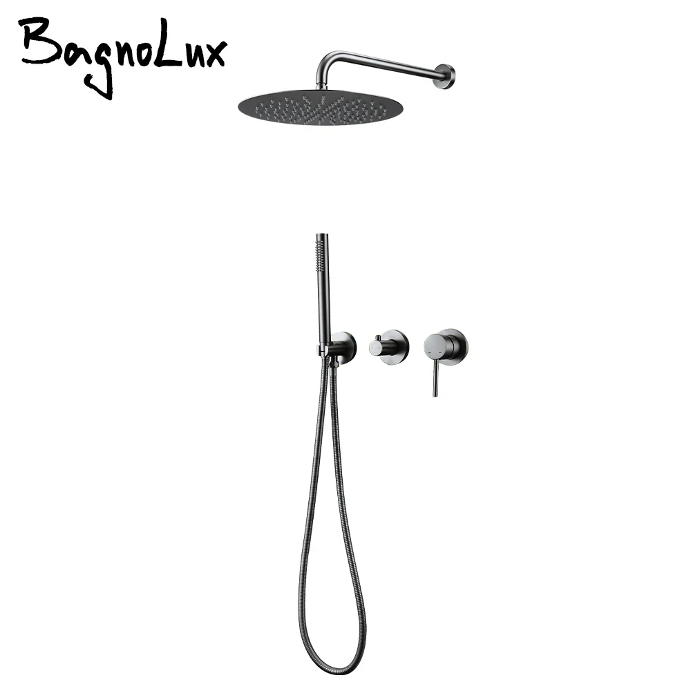 Gunmetal Shower Faucet Embed Box Wall Mounted  8-16'' Rain Head Hot &Cold Shower Tap Handheld 2 Ways Ceiling Arm Bathroom Mixer 2