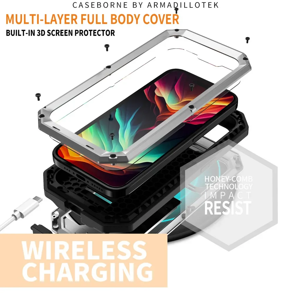 360 Protection Heavy Metal Armor Case For iPhone 15 14 Pro Max Shockproof Cover Cases with Tempered Glass Holder Full Coverage