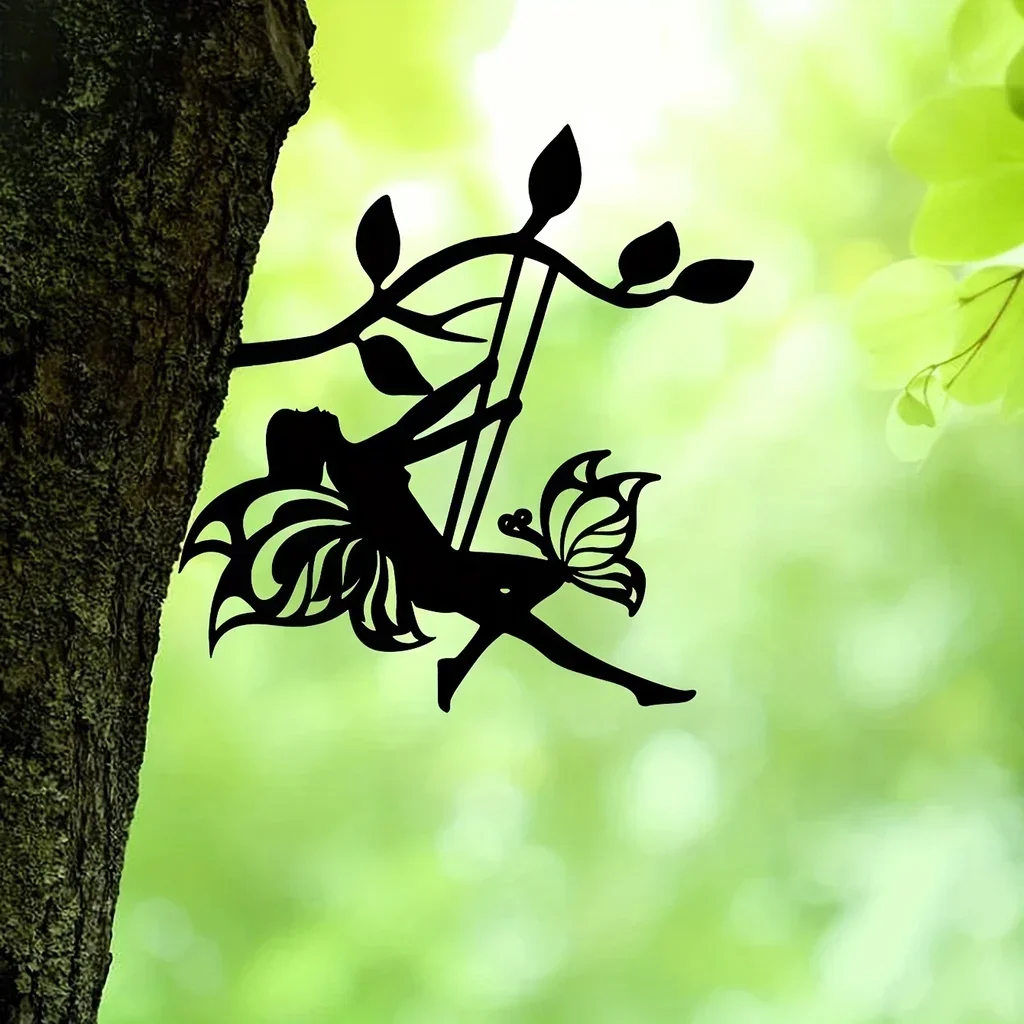 

Hello Young 1pc Swing Elf on Branch Steel Silhouette Metal Wall Hanging Art Birthday Gift Housewarming Gifts Outdoor Decoration