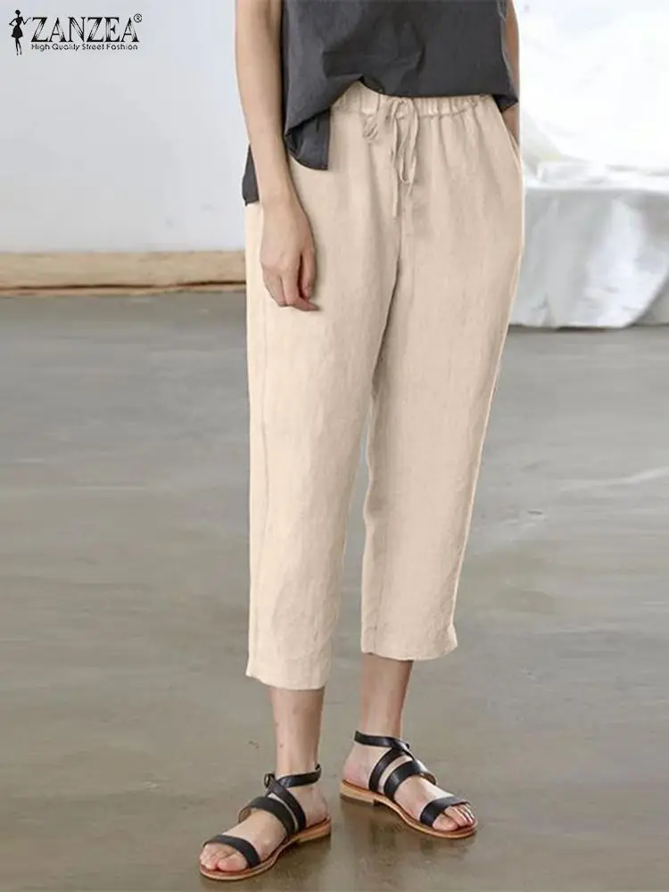

ZANZEA Woman Fashion Loose Trousers Summer Vintage Solid Pant Female Casual Streetwear Pantalon Elastic Waist Cotton Palazzo