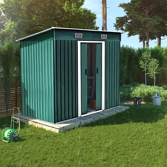 【Breeins】4 X 8 FT Green Outdoor Storage Shed, Metal Large Shed Garden with Air Vent, 2 Slide Door