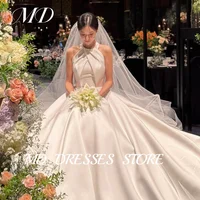 MD Simple Satin A-line Wedding Dresses Halter Sleeveless Pleat Korea Photoshoot Floor-Length Corset Back Customized Bride Gowns 1