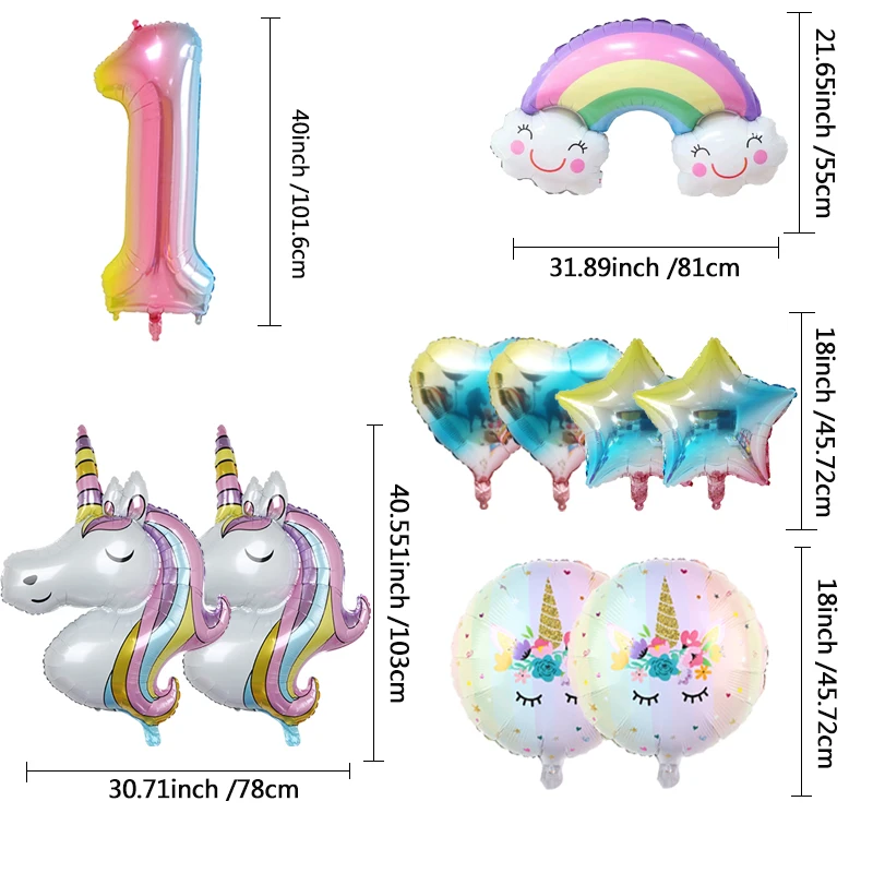 1 Set Regenbogen-Einhorn-Ballon Aluminiumfolien-Ballonset mit Lächelnder Regenbogen-Folie für 1. Geburtstag Neugeborenen-Party Dekorationszubehör – Detail 2