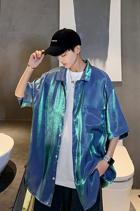 Men Bling Bling Dance Singer Punk Biker Moto Shirts Sunscreen Trendy Shining Reflective Tops Holographic Hip Hop Party Blouse
