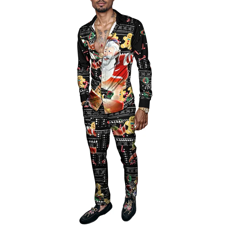 Christmas Printed Men's Shirt Set Two Piece Gingerbread Snowman_voghion.com