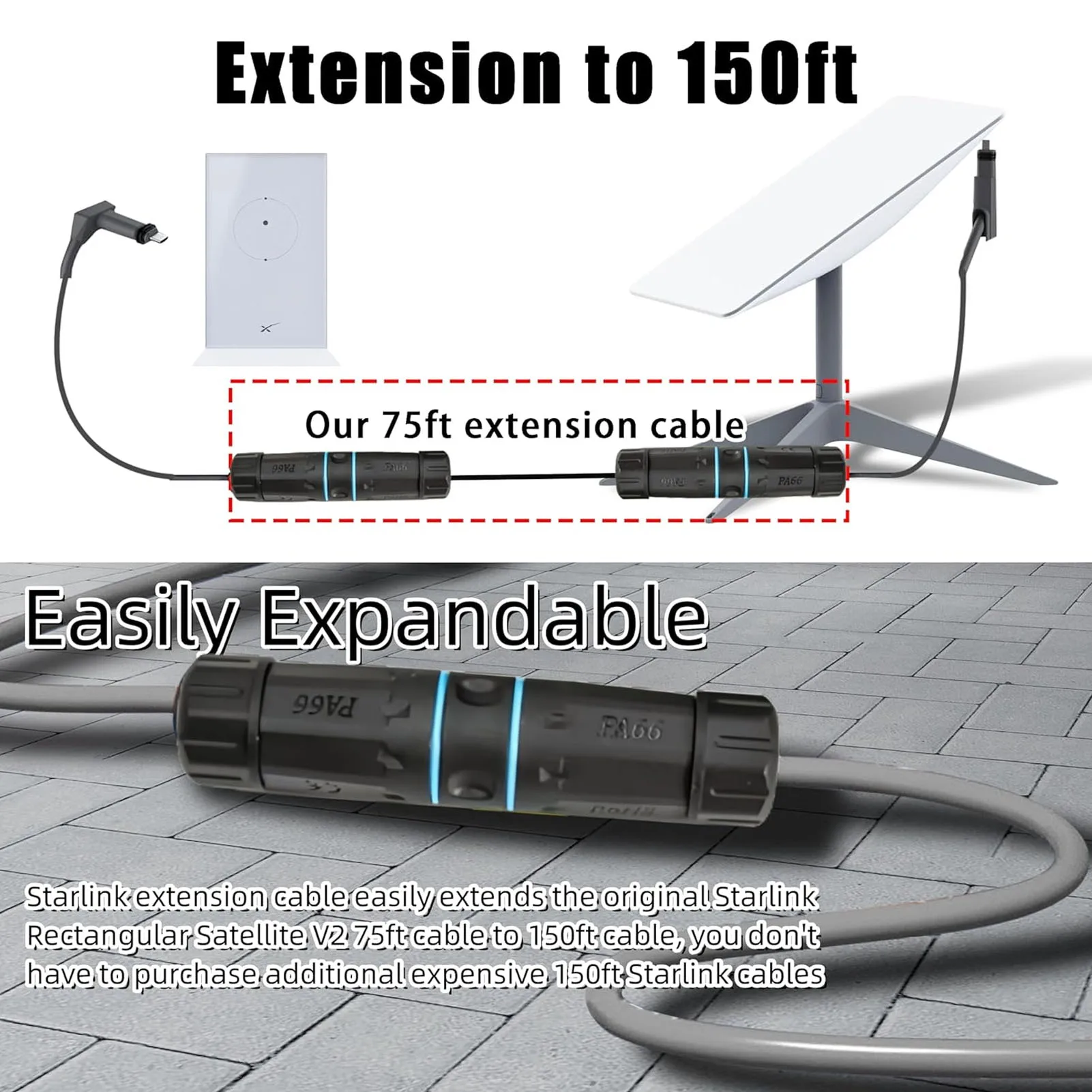 스타링크 익스텐션 케이블, IP68 방수 지지대, 1000M 프로토콜 스타링크 케이블, 150ft 225ft