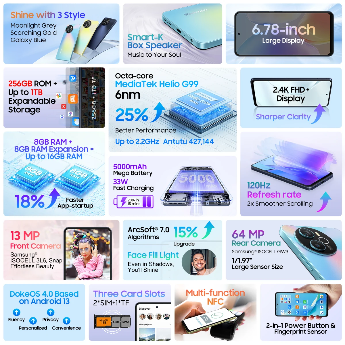 Blackview SHARK 8 Smartphone Android13 G99 Mobile Phone 6.78'' 120Hz 2.4K Display 16GB RAM 128GB/256GB ROM 64MP Cameras Phones 2