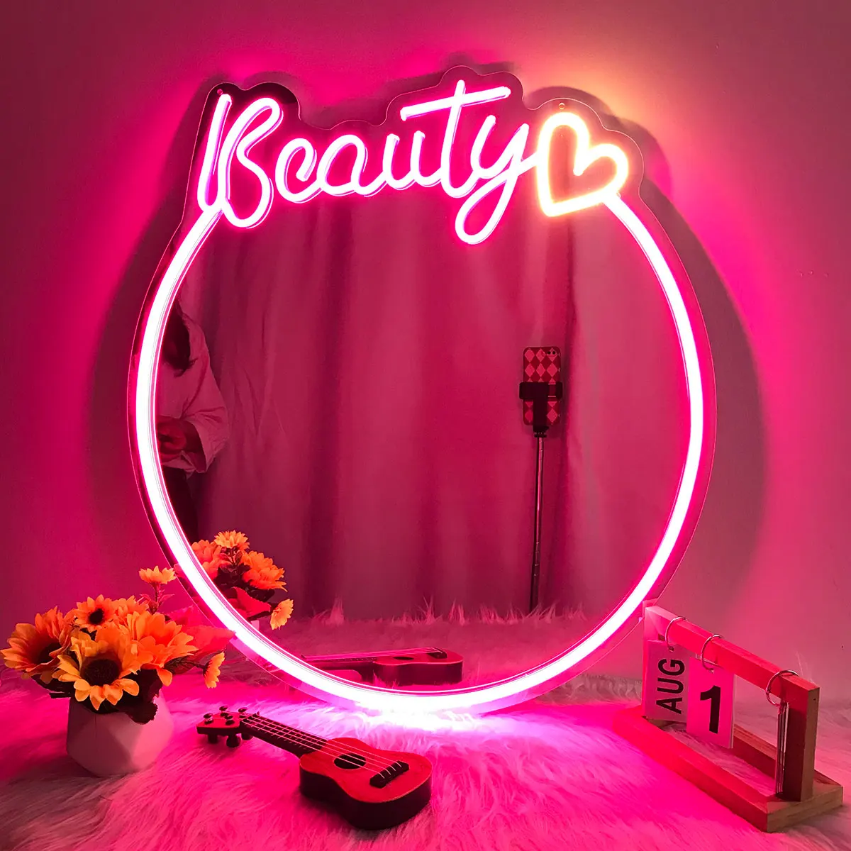 LED Neon Mirror Light Beauty Girls Makeup Mirror Pink Custom LED Neon Lamp Sign Room Decor Atmosphere Night Lights Dropshipping rgb led rock lights car chassis undergolw decorative ambient lamps 12v bluetooth smart ip68 waterproof atmosphere light