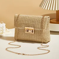 Woven Straw Handwoven Women's Shoulder Bag, Fashion Solid Color Crossbody Purse with Lock Closure 6
