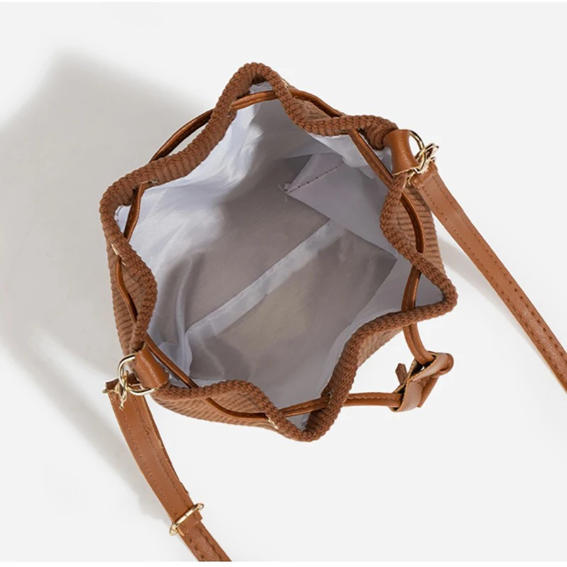 Women Corduroy Bucket Bag Adjustable Strap Shoulder Bag Solid Color Retro Handbag Tote Purse For Work Travel