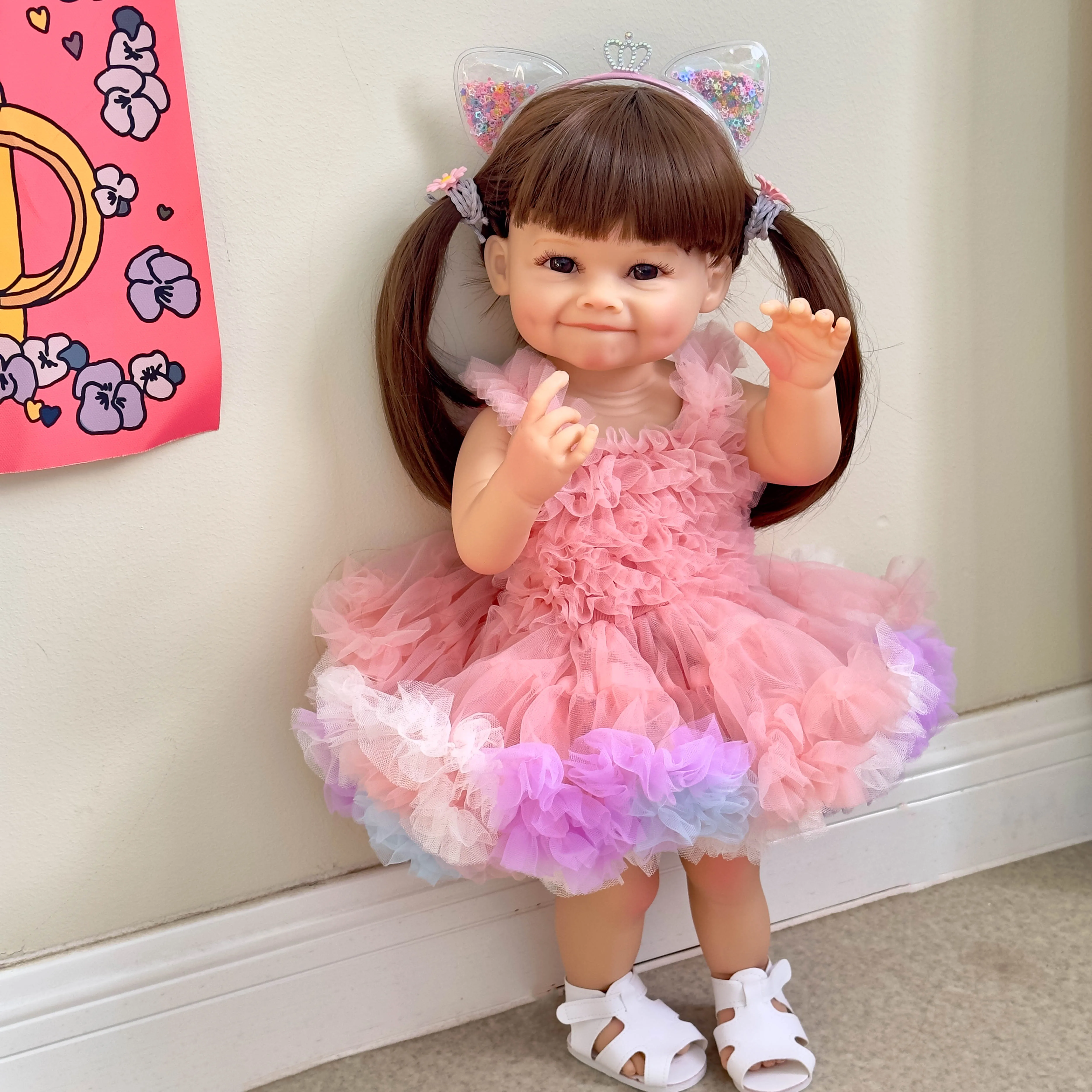 NPK 55CM Reborn Toddler Doll with Pink Dress Full Body Soft Silicone Raya Lifelike Soft Touch High Quality Doll Gifts 4