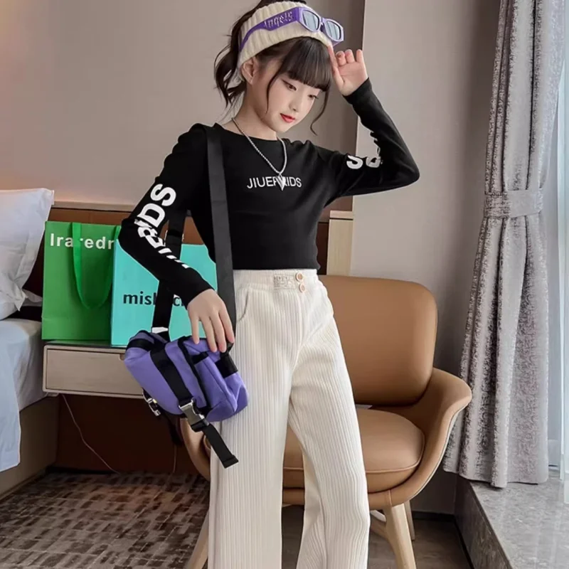 카와이 캐주얼 롱 팬츠 패션 아동복 여아용 플리스 안감 스트레이트 레그 와이드 레그 팬츠 아동용 두꺼운 귀여운