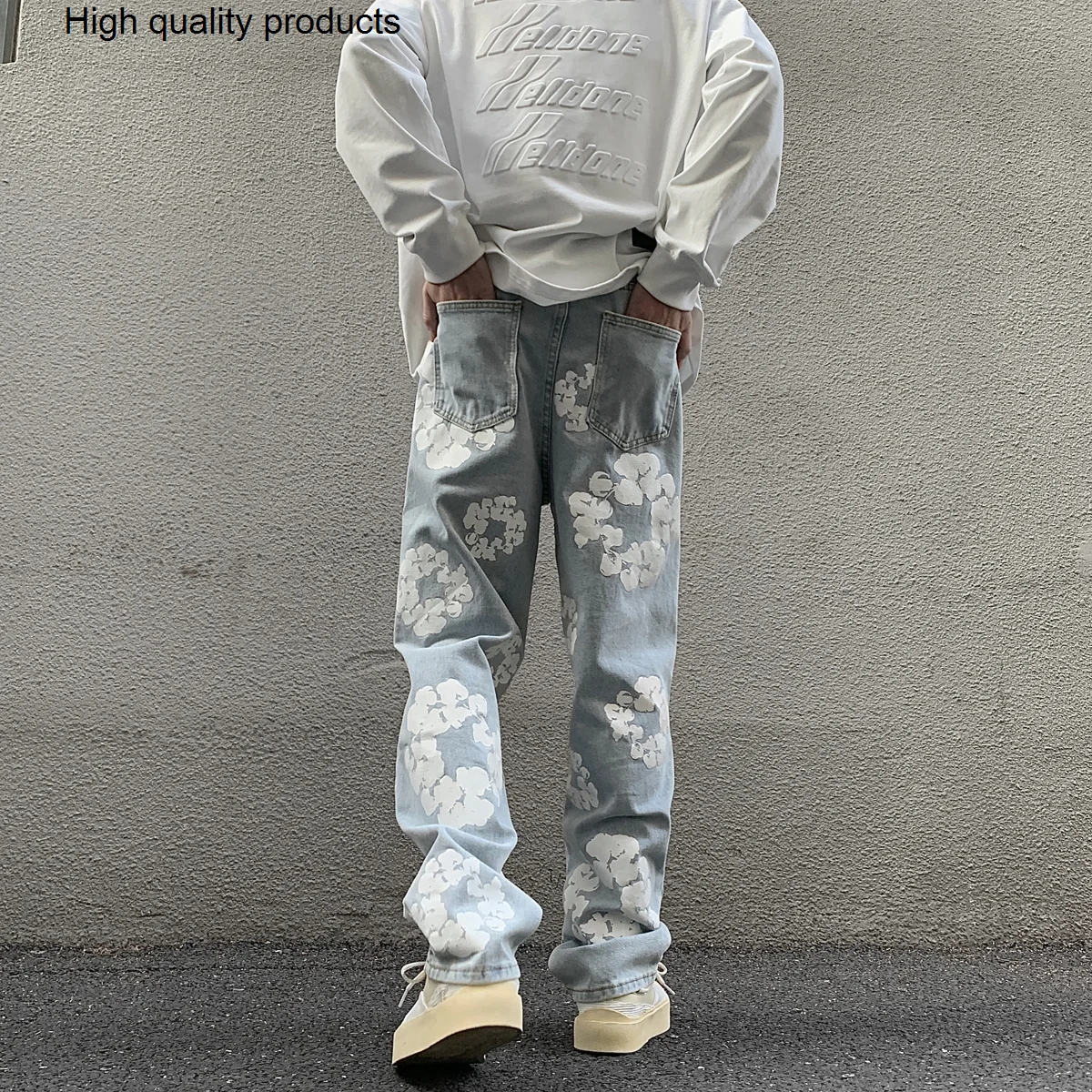 

Korean Style Mens Fashion Printed Jeans 2023 Autumn Floral Denim Pants High Street Loose Straight Couples Mopping Trousers