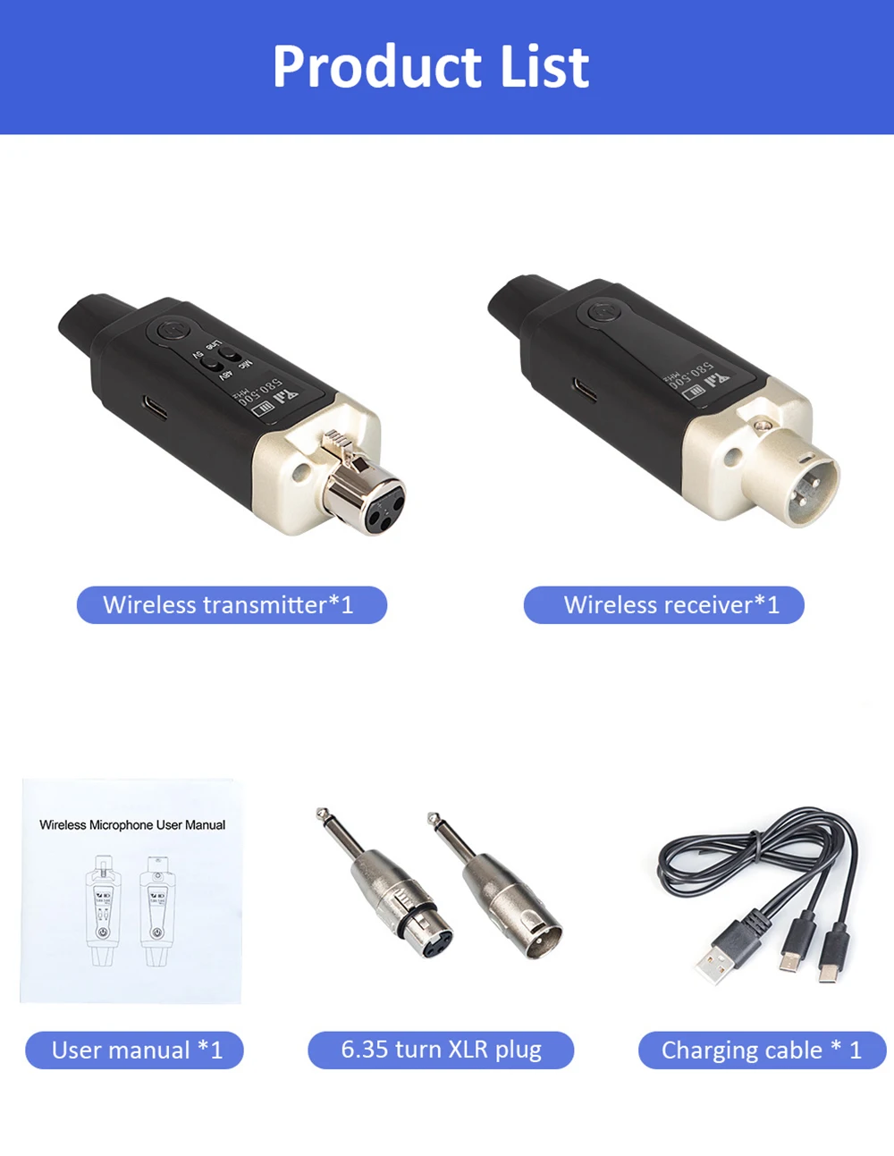 Wireless Microphone System XLR Mic Converter Transmitter and Receiver UHF Automa