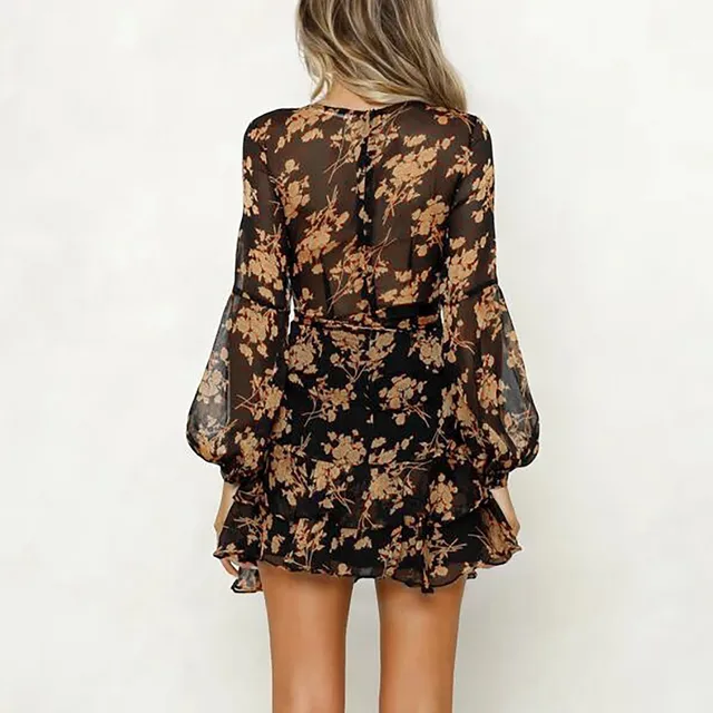 Dresses Woman Party Night Long Sleeves Bohemian Print Sheer Mesh Dress Low Cut V Neck Lace Up Hem Short Dresses летнее платье 4
