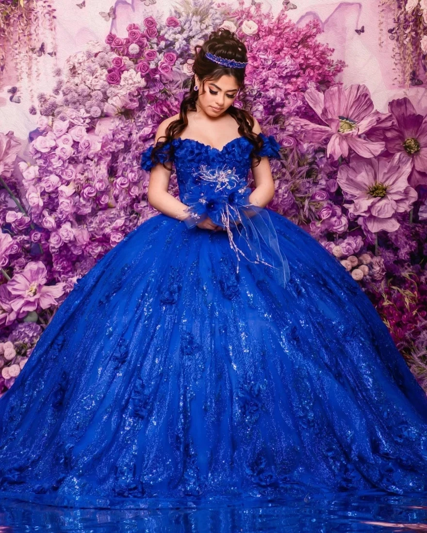 

Royal Blue Sparkly Princess Quinceanera Dresses Ball Gown Off The Shoulder Floral Sweet 16 Dresses 15 Años Mexican