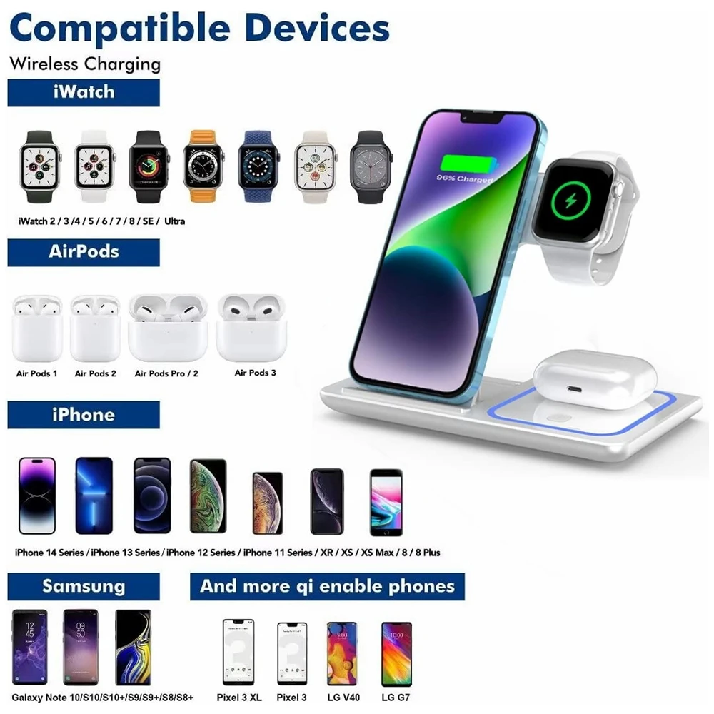 3 in 1 Fast Charging Dock Station Foldable Wireless Charger Stand For iPhone 14 13 12 11 XS XR X 8 Apple Watch 8 SE Airpods Pro