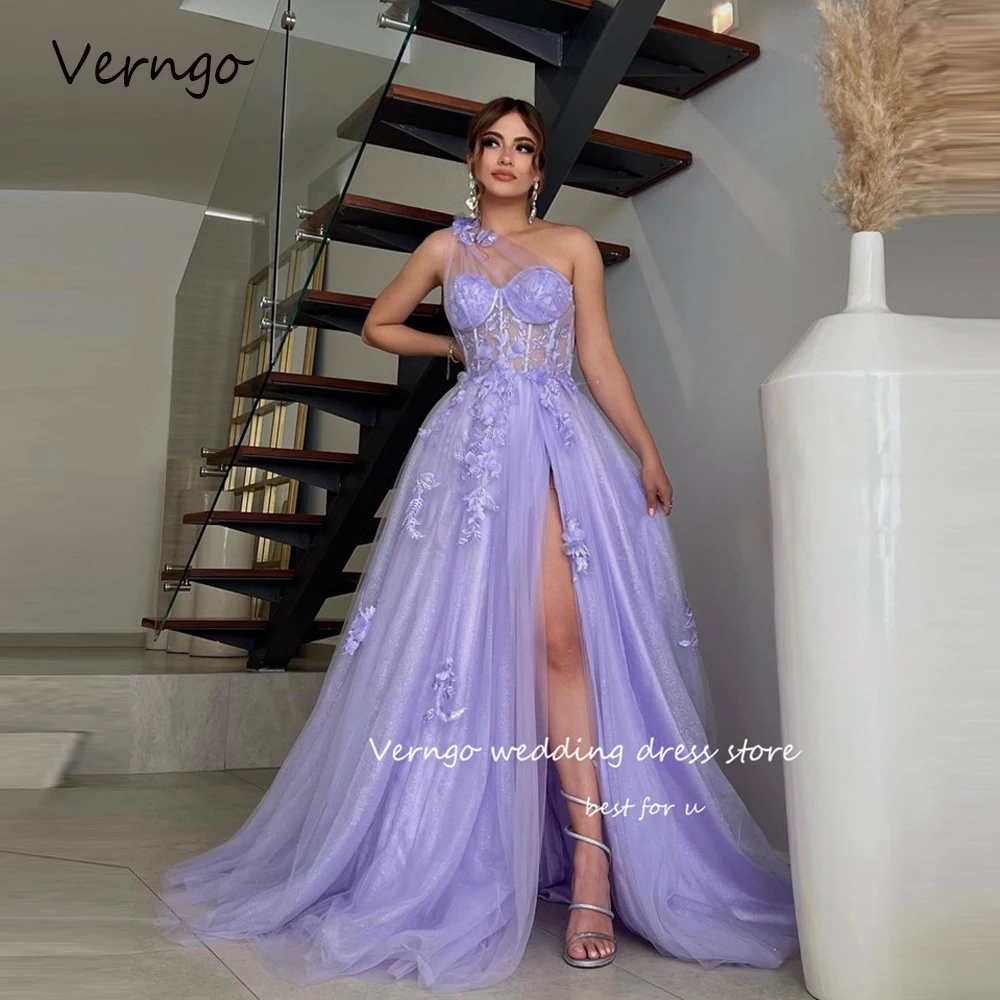 

Verngo Elegant Lavender Tulle Long Prom Dresses One Shoulder 3D Flowers Split Evening Gowns Formal Bride Party Dress 2023