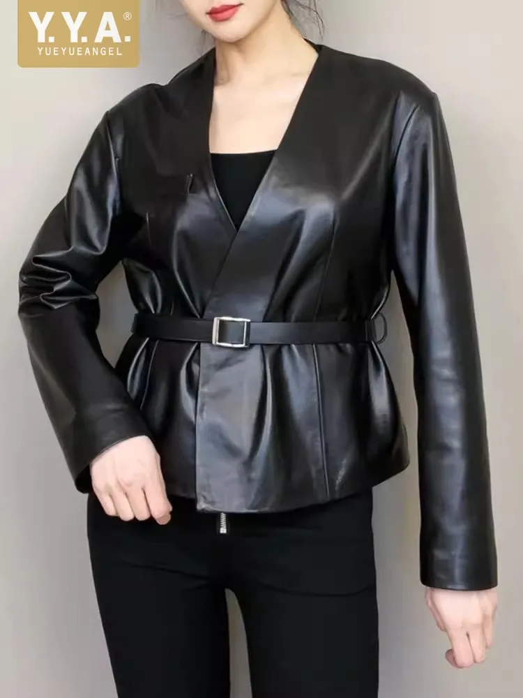 

Spring New Women Belted Waist V Neck Sheepskin Genuine Leather Jacket Short Style Fashion Motorcycle Coat Soft Leather Jackets