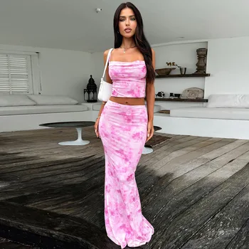 Fashion Women Summer Mesh Tie Dye Spaghetti Strap+Hips Wrap Skirt Sexy Slim Sleevess Backless Crop Vest Long Skirt 2pcs Suits