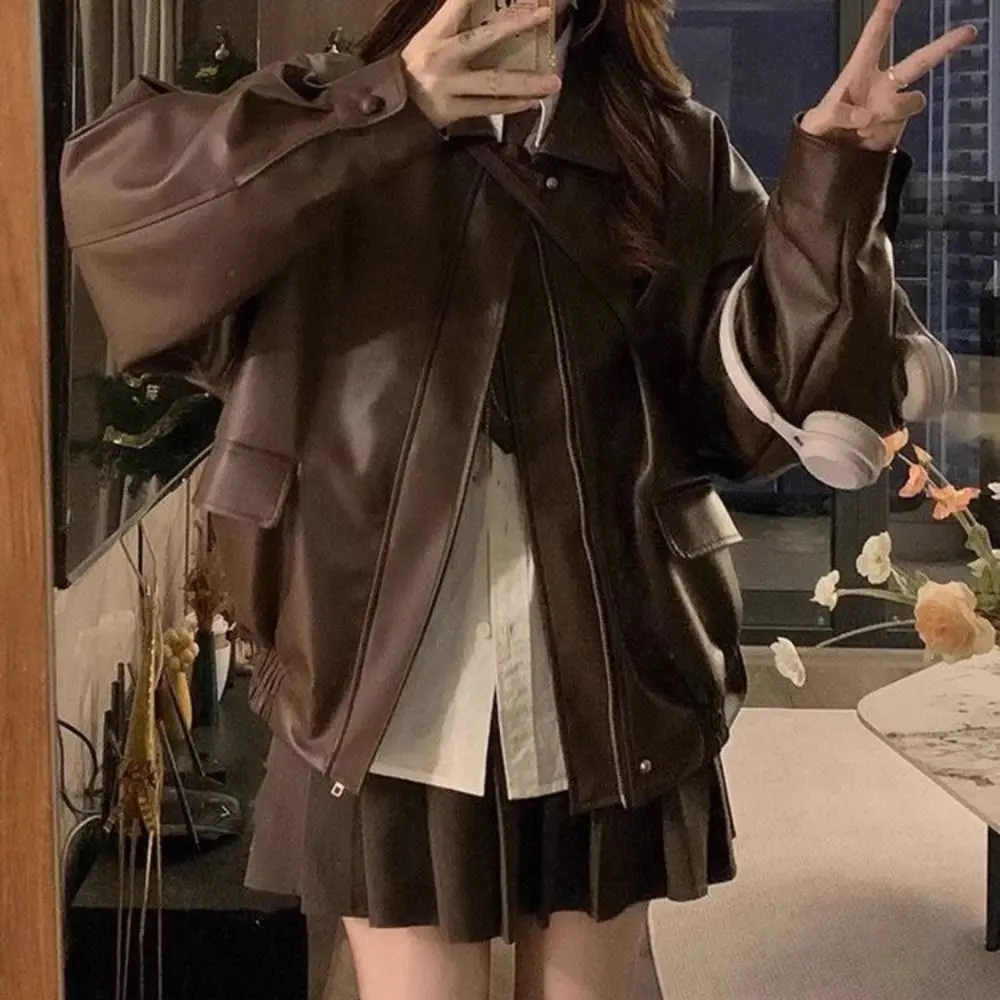 Classic Pleated Leather Jacket Women Korean Chic Lapel Collar Vintage PU Coats Outerwear Retro Zipper Overcoat Holiday