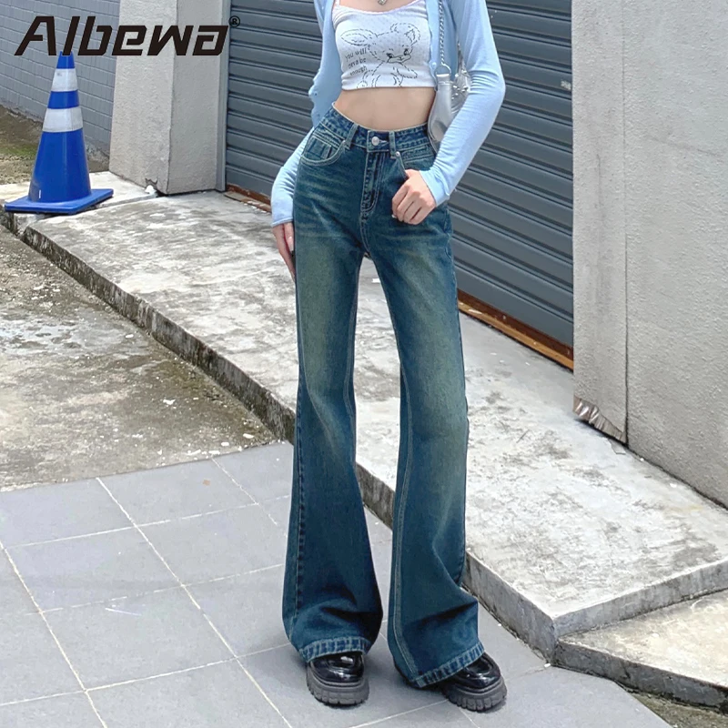 

ALBEWA Autumn Winter High Waist Jeans Women Flare Denim Pants Washed Casual Korean Style Floor Length Fashion Vintage Trousers