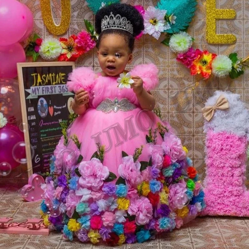 Ярко-розовое платье для девочек на день рождения с цветами 3D Цветочные кристаллы