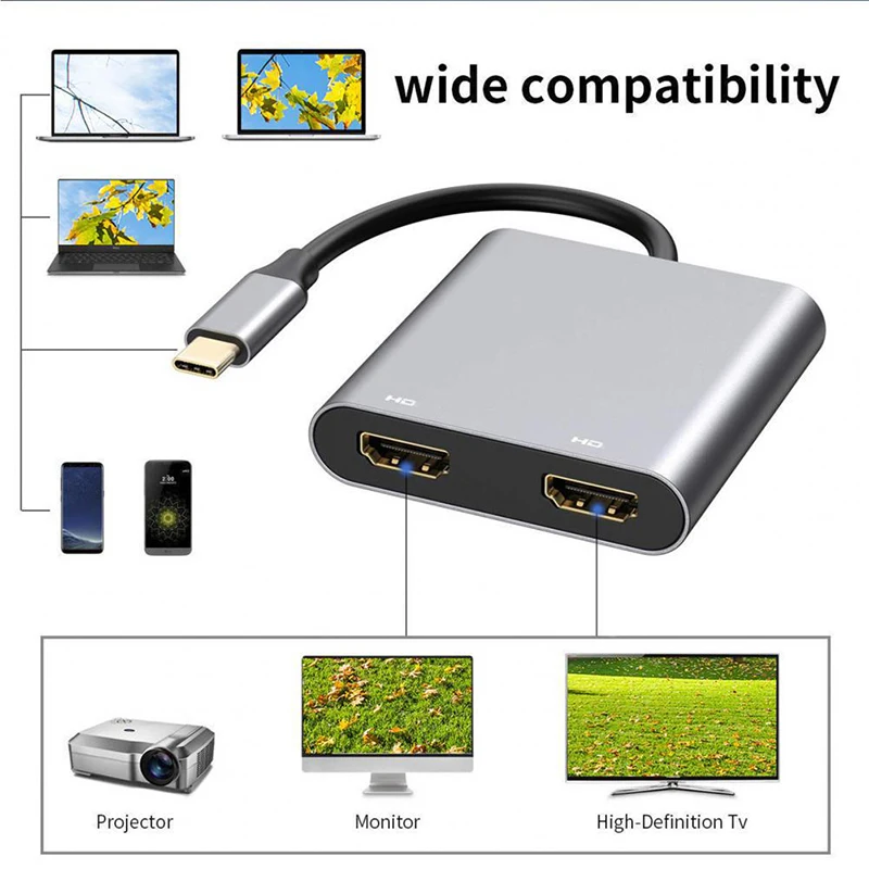 4 in 1 Type C to Dual HDMI-compatible Extend Splitter PD USB HUB 4k 2 in 1 Multi Displayer Converter Support For Fast Charging