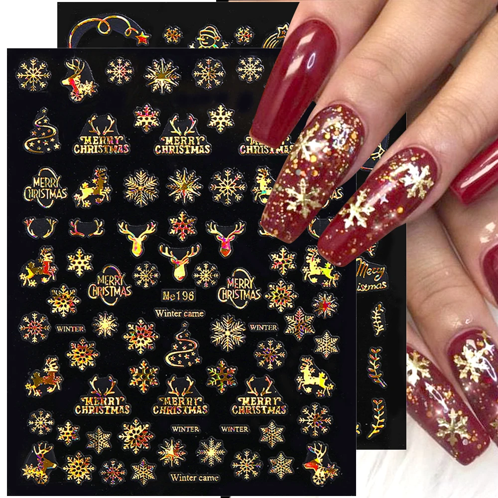 

3D Рождественские наклейки для ногтей, голографические лазерные Золотые снежинки, наклейки для ногтей, зимние наклейки для ногтей, Рождественская елка, лось, украшения для ногтей