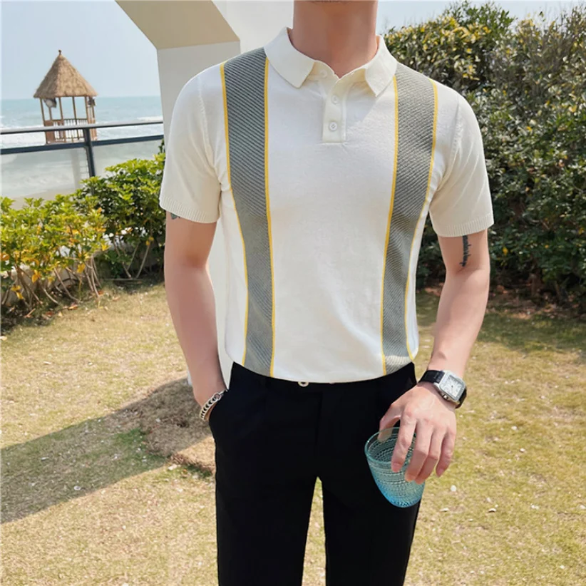 

Мужская приталенная рубашка-поло, повседневная трикотажная рубашка-поло из вискозы с короткими рукавами, в полоску, размеры до 4XL, лето 2023