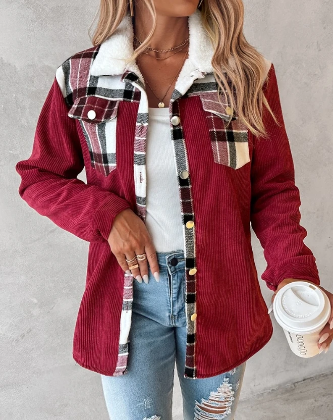 

Women's Jacket 2023 Autumn Colorblock Plaid Print Corduroy Lined Casual Turn-Down Collar Long Sleeve Pocket Design Daily Shacket