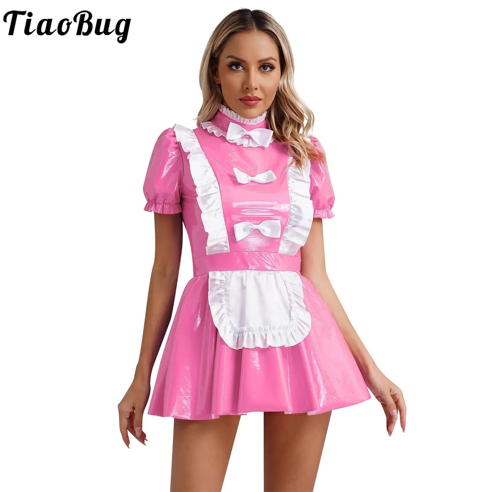 

Womens Skinny Maid Dress Glossy Wet Look Patent Leather Ruffles Trims Bow Apron Puff Sleeve A-Line Dress Naughty Maid Uniform