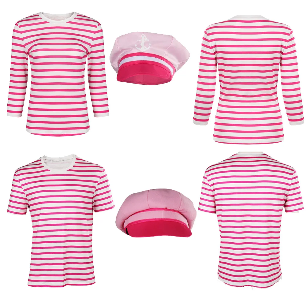 

Movie Barbier Margot Ken Cosplay Striped Tops Shirts Hat Costume Men Women Outfits Female Halloween Carnival Party Clothes Suit