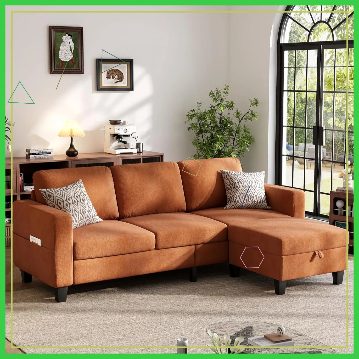 VELARIS AMBER Urban Sectional - orange velvet upholstery