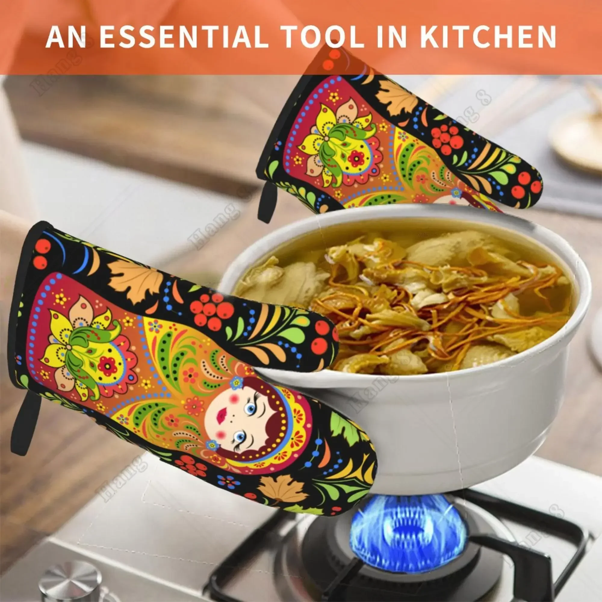 Fashion Print Russian Babushka Matryoshka Doll Set of 2 Kitchen Gloves Women Men Oven Gloves Heat Resistant for BBQ Cooking kitchen gloves