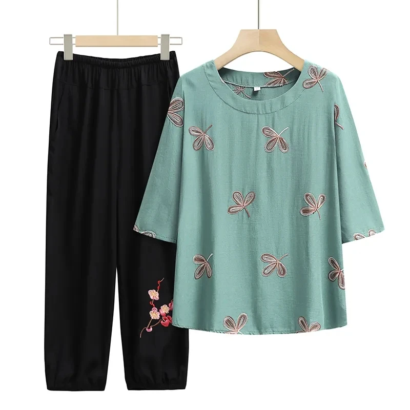 

Mother's Clothing 6xl Spring Summer Cotton Linen Sets Fashion Loose Embroidery T-shirt Tops+Pants 2 Piece Women's Casual Sets